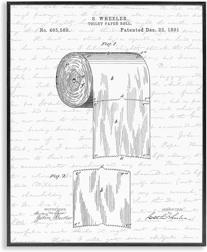 Stupell Industries 'Vintage Toilet Paper Roll Patent', Framed Giclee Art, Black, 11 x 14 Inches, Easy to Hang and Sturdy, Made in USA, by Lettered and Lined