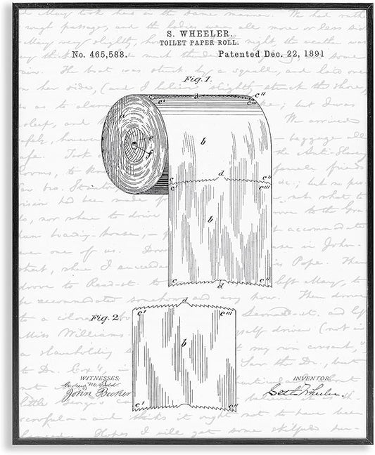 Stupell Industries 'Vintage Toilet Paper Roll Patent', Framed Giclee Art, Black, 11 x 14 Inches, Easy to Hang and Sturdy, Made in USA, by Lettered and Lined
