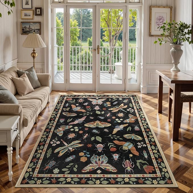Lahome Insect Washable Small Area Rug, 3x5 Area Rug for Bedroom Living Room, Non-Slip Soft Accent Throw Carpet for Kitchen Office Entryway Bathroom Office Vionnet, Black
