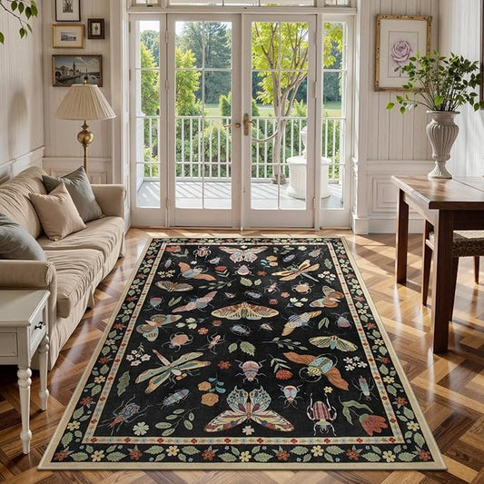 Lahome Insect Washable Small Area Rug, 3x5 Area Rug for Bedroom Living Room, Non-Slip Soft Accent Throw Carpet for Kitchen Office Entryway Bathroom Office Vionnet, Black