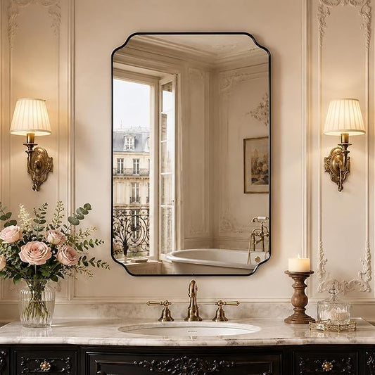 Black Wall Mirror 32"x24", Scalloped Edge Vanity Mirror - Hangs Vertically/Horizontally Decorative Bathroom Mirror for Vanity, Bedroom & Entryway, Aesthetic Bathroom Decor