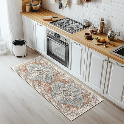 BESTSWEETIE 2x6 Area Rug Washable Rugs for Living Room, No Pile Boho Carpet for Entryway Bedroom Dinning Room, Vintage Carpet Print Distressed Non-Slip, 2 x 6 ft, Green Brick Rust Red