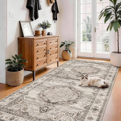 Washable Hallway Runner Rugs 4x8: Soft Ultra Thin Low Pile Carpet Machine Washable Indoor Lightweight Rug Runner Anti Slip Backing Rugs for Living Room Bedroom Kitchen 4'x8' Beige