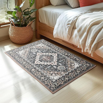 Lessymo 2 x 3 Entryway Rug, Machine Washable Area Rugs Boho Faux Wool Low Pile Area Rug for Bedroom, Floral Medallion Vintage Outdoor Rugs with Non-Slip Rubber,Black Brown