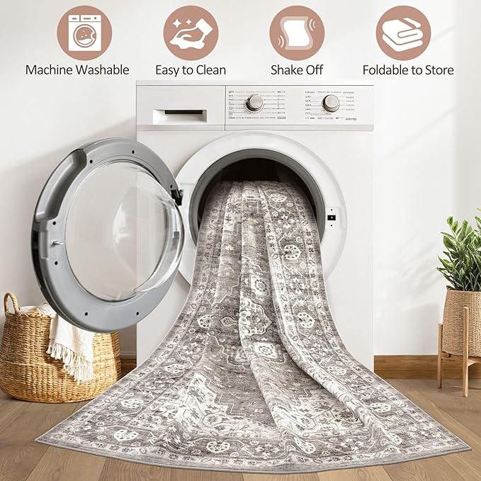 6x9 Area Rug Living Room: Washable Boho Large Neutral Vintage Soft Rugs Stain Resistant Farmhouse Non-Slip Indoor Rustic Floor Carpet for Bedroom Nursery Kids Playroom Office Dining Room- Dark Brown
