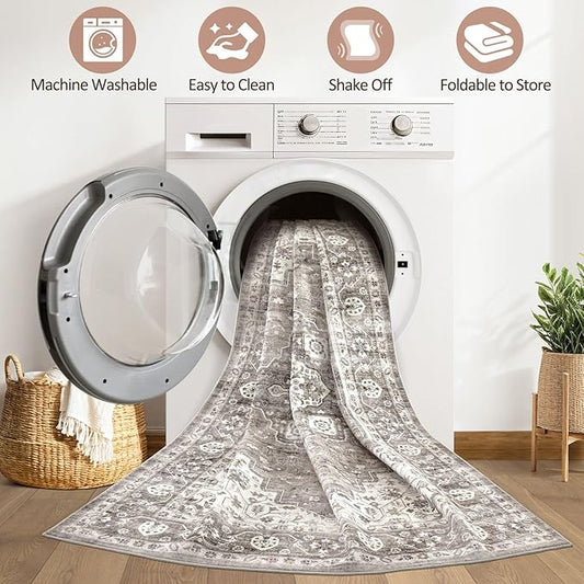 6x9 Area Rug Living Room: Washable Boho Large Neutral Vintage Soft Rugs Stain Resistant Farmhouse Non-Slip Indoor Rustic Floor Carpet for Bedroom Nursery Kids Playroom Office Dining Room- Dark Brown