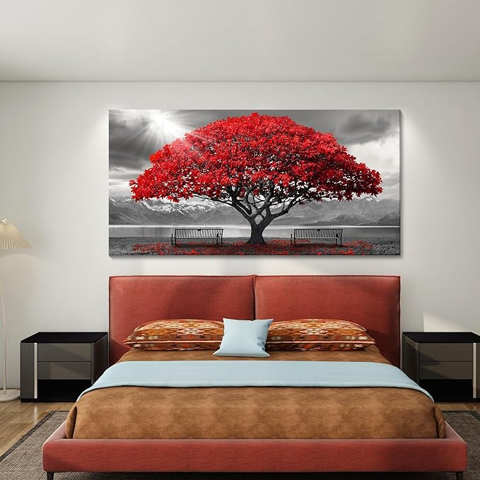 Red Wall Art - Modern Framed Wall Art for Living Room - Large Red Tree Black and White Landscape Canvas Prints - Posters & Prints for Home Office Bedroom Decorations - Large Wall Pictures 29×58IN