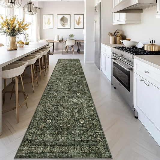 Morebes Vintage 2.5x10 Runner Rug for Hallway Non Slip,Washable Kitchen Runner Rug for Entryway Indoor,Super Soft Faux Wool Rug for Farmhouse Dining Room Indoor Playroom, Dark Green