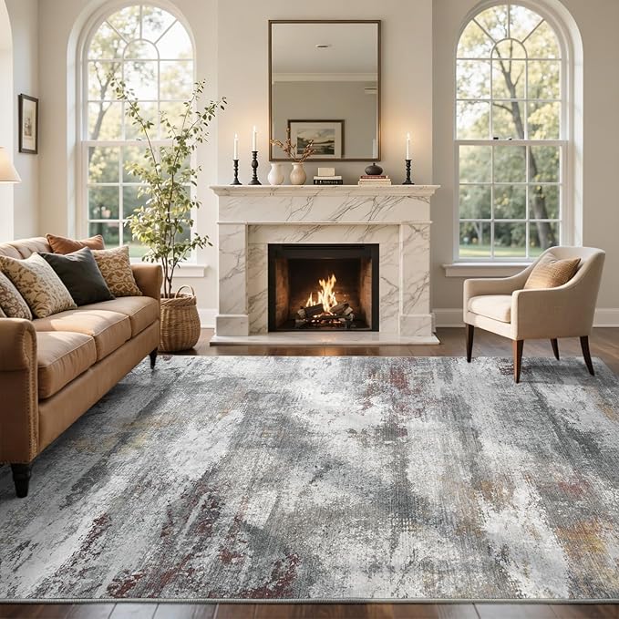 5x7 Ft Abstract Area Rugs for Living Room, Soft Non-Slip Modern Washable Rugs Print Pattern Carpet for Bedroom Indoor Floor Nursery Home Decor (Grey/Gold-Brown/Red-Brown)
