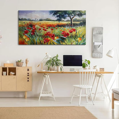 Wall Decor for Living Room Large Wall Art Green Trees Red Yellow Flowers Canvas Art Wall Decor for Bedroom Modern Home Decor Framed, Nature Prints Artwork Wall Decorations 24x48
