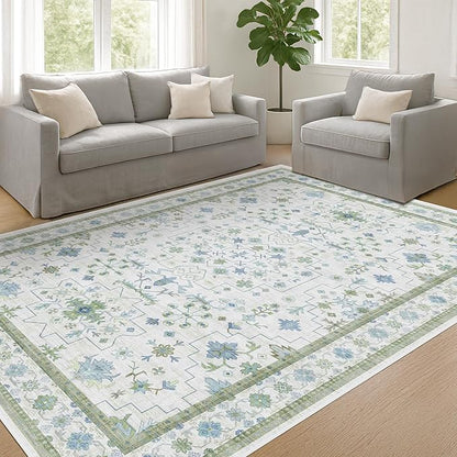 Hazo Haus Cream Oushak 7x9 Bedroom Rug - Boho Floral Cool Blue and Green, Washable Low Pile Non-Slip Ultra-Thin Large Area Rugs for Playroom, Bed Room, Living Room