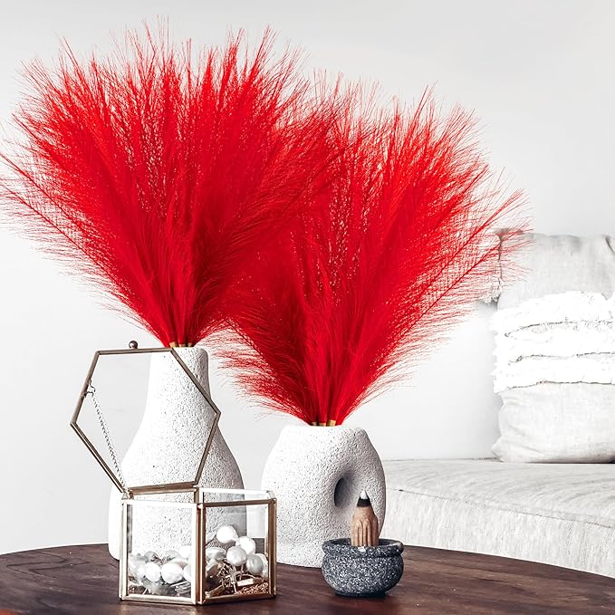 Pampas Grass Decor, Fluffy Faux Pampas Grass 5 Stem 18"/45cm Pompous Grass Small Flower Arrangement and Vase Filler for Boho Home Wedding
