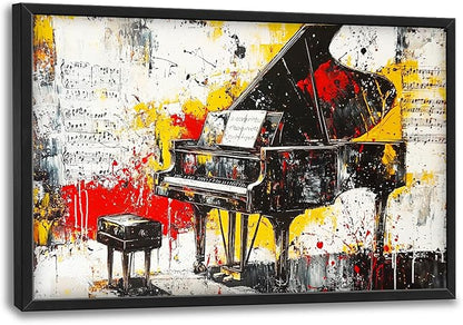 Banksy Piano Large Wall Art for Living Room Abstract Graffiti Music Framed Canvas Decor Musical Notes Prints Painting Pictures Extra Large Vintage Colorful Artwork for Bedroom Classroom Office 24"x36"
