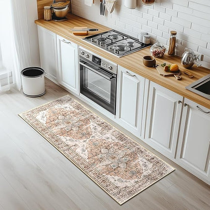 BESTSWEETIE 2x6 Area Rug Washable Rugs for Living Room, No Pile Boho Carpet for Entryway Bedroom Dinning Room, Vintage Carpet Print Distressed Non-Slip, 2 x 6 ft, Orange Pink Brown Earth Tones