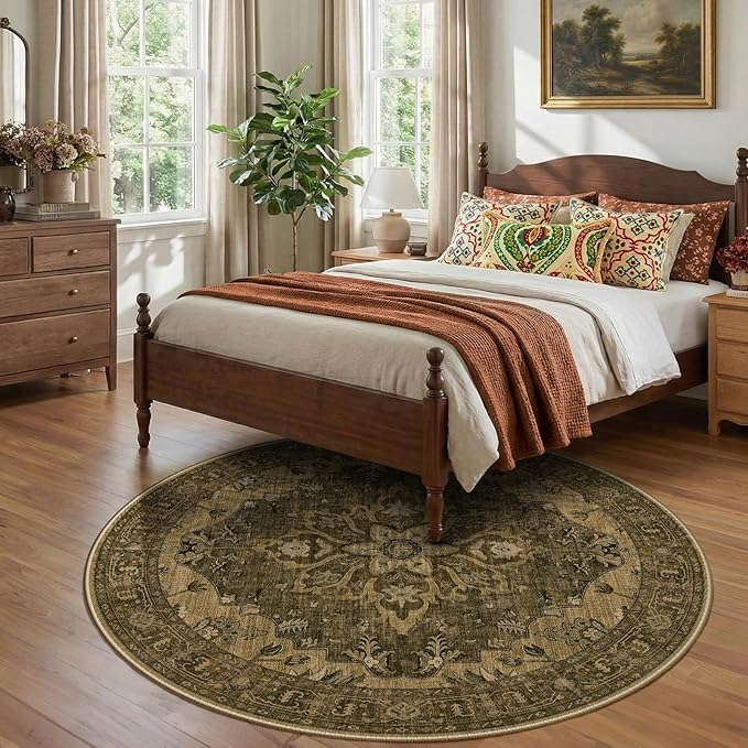 RELEANY Area Rugs Round 7ft Washable Non-Slip, Floral Vintage Distress Print Pattern Medallion Carpet for Living Room Bedroom Dining Room, Brown Dark Brown