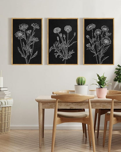 Drsoum Black White Flower Wall Art Vintage Minimalist Floral Wall Hanging Decor Bohemain Botanical Prints Artwork for Bedroom Living Room Hallway 16x24in Natural Framed