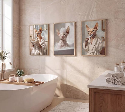 3pcs Funny Bathroom Cat Canvas Wall Art Sphynx Cat Posters Prints Paintings Eclectic Animal Bathroom Wall Decor Pictures for Restroom Toilet Home Decoration Unframed