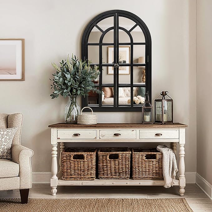 Arched Window Mirrors for Wall, Wooden Rustic Farmhouse Mirror for Wall Decor 26 x 38 Black, Decorative Wall Mirror Arch for Living Room, Bedroom, Bathroom, Fireplace, Farmhouse