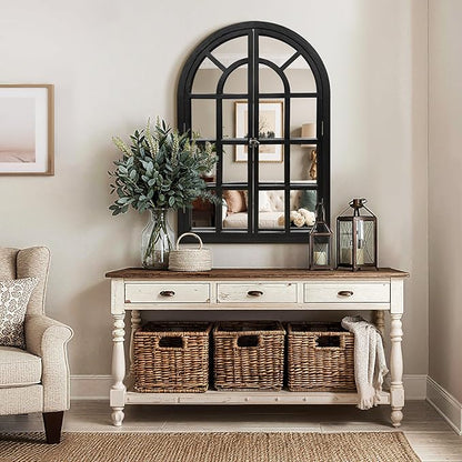 Arched Window Mirrors for Wall, Wooden Rustic Farmhouse Mirror for Wall Decor 26 x 38 Black, Decorative Wall Mirror Arch for Living Room, Bedroom, Bathroom, Fireplace, Farmhouse