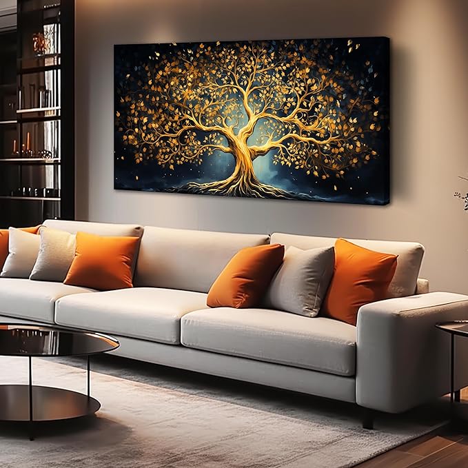 Ouzzlie Gold Picture Wall Decor for Bedroom Tree Canvas Art Black Wall Art for Office Dining Room Large Print Living Room 24"x 48"