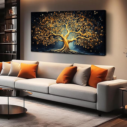 Ouzzlie Gold Picture Wall Decor for Bedroom Tree Canvas Art Black Wall Art for Office Dining Room Large Print Living Room 24"x 48"