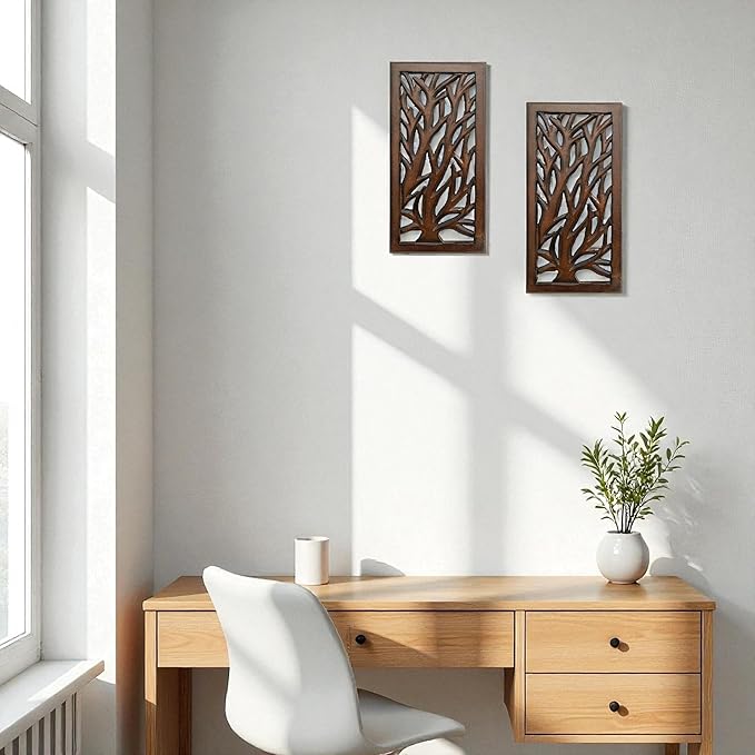 Wood Wall Art -Wall Panels in Handcrafted Carved Wood For Livingroom Bedroom,Dining room,Elegant Decorative Wall Art for Home & Office 8x16" Set of 2 Burnt Brown_Tree Leaf Designs