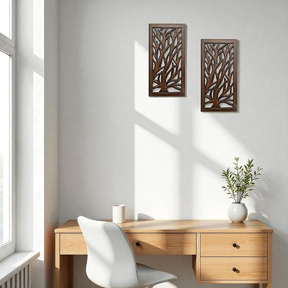 Wood Wall Art -Wall Panels in Handcrafted Carved Wood For Livingroom Bedroom,Dining room,Elegant Decorative Wall Art for Home & Office 8x16" Set of 2 Burnt Brown_Tree Leaf Designs