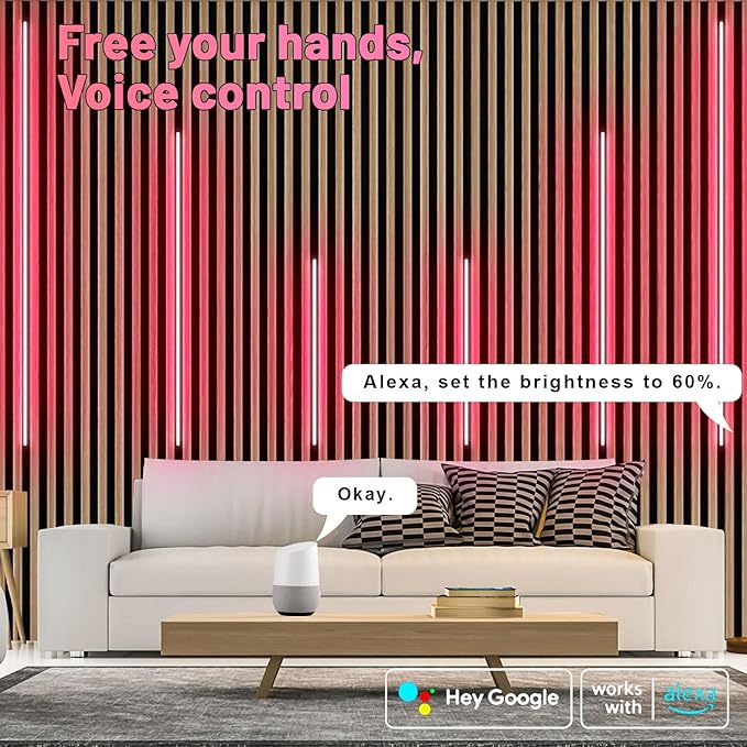 Lichaser RGB Black Smart Recessed Lighting for Acoustic Panel, 6 Pcs WiFi LED Strip Light for Wood Slat Wall Panel Compatible with Alexa, Self-Adhesive Smart LED for Slat Wall (2*36+2*24+2*16 in)