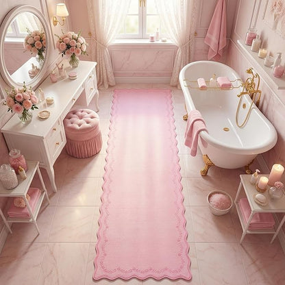 GarveeHome 2.6x10 Scalloped Valentines Washable Runner Rug for Kitchen, Soft Pink Long Hallway Runner Non Slip Entryway Rug Farmhouse Thin Laundry Mat Stain Resistant Carpet for Bathroom Beside Rug