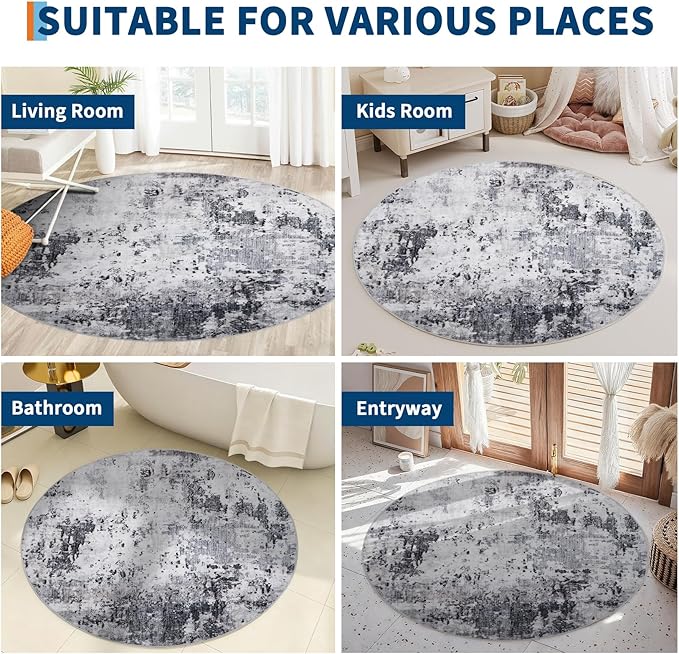 ROYHOME Modern Abstract 8x8 Round Area Rug Non Slip Non Shedding Rug Low Pile Stain Resistant for Bedroom Living Room Office Dining Room,Grey