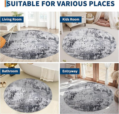 ROYHOME Modern Abstract 4x4 Round Area Rug Non Slip Non Shedding Rug Low Pile Stain Resistant for Bedroom Living Room Office Dining Room,Grey
