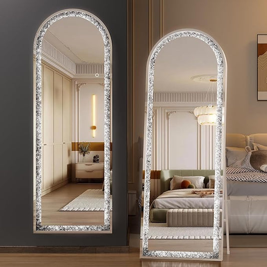 55"×20" Full-Length Mirror with Lights- Arch Crystal Crush Diamond Wall Mounted Hanging Diamond Mirror Leaning for Living Room Bedroom
