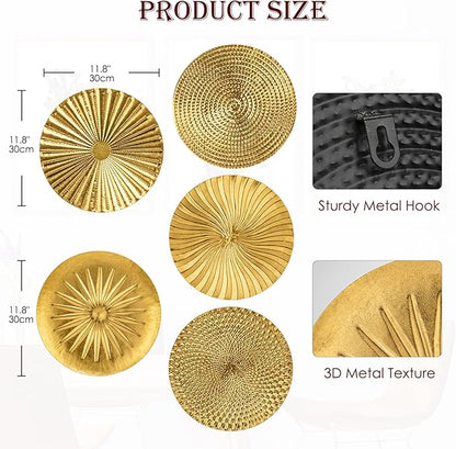 Briful 12" Gold Wall Décor Pack of 5 Metal Starbursts Radial Plate Wall Art Modern Accent Hanging Wall Decorations For Home Office Bedroom Or Living Room Sculptures