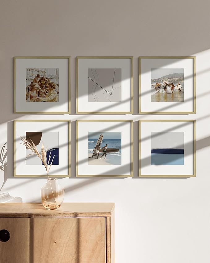 HAUS AND HUES 12x12 Gold Metal Picture Frames Matted to 8x8 - Premium Aluminum with Hanging Hardware, Shatterproof Plexiglass - Ideal for Home or Office (12x12 in, Gold, Set of 6)