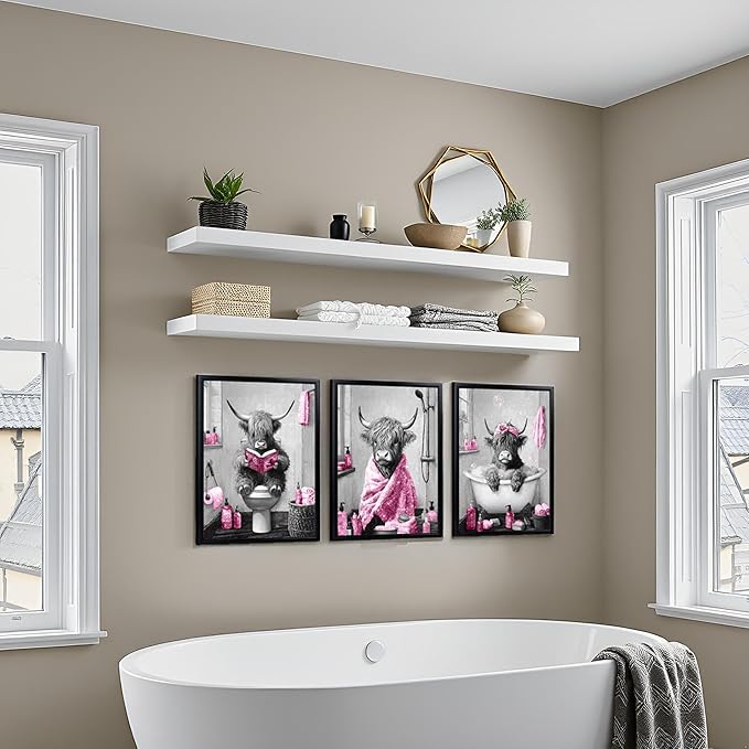 sechars Highland Cow Bathroom Wall Art 3 Piece Funny Bathroom Pictures Canvas Print Grey and Pink Decor (Pink)