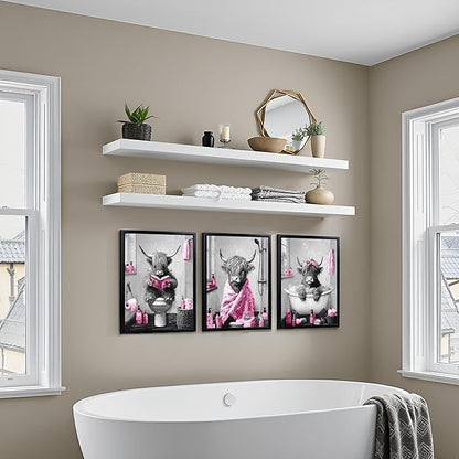 sechars Highland Cow Bathroom Wall Art 3 Piece Funny Bathroom Pictures Canvas Print Grey and Pink Decor (Pink)