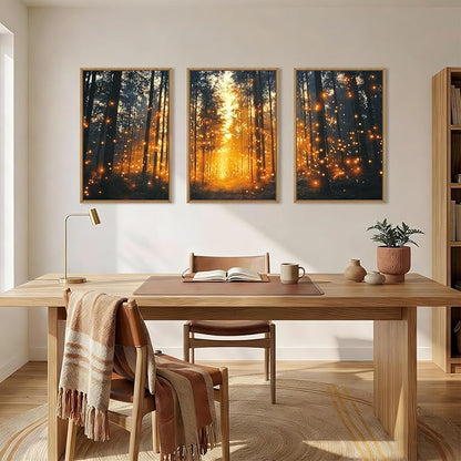 Aryroi Magical Firefly Forest Framed Canvas Wall Art Set,Enchanted Night Nature Mystical Woodland Wall Decor,Whimsical Orange Twinkling Black Tree Art Print for Living Room, Bedroom, Office- 24"x36"x3