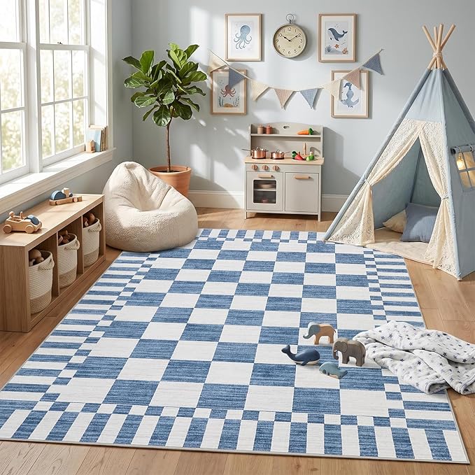 GarveeHome Dark Blue Checkered Rug,Washable 3x5 Rug Non Slip for Entryway,Modern Soft Low-Pile,Neutral Farmhouse Geometric Checkerboard Rug,Small Area Rugs for Bedroom Kitchen Dining Room