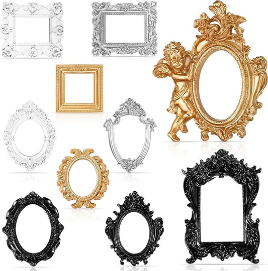 Yulejo 10 Pcs Vintage Gold Mini Frames Set, Baroque Victorian Ornate Decorative Frames for Gallery Wall Decor, DIY Jewelry Display, Antique Frame for Home, Wedding, Room, No Glass or Backing (Retro)