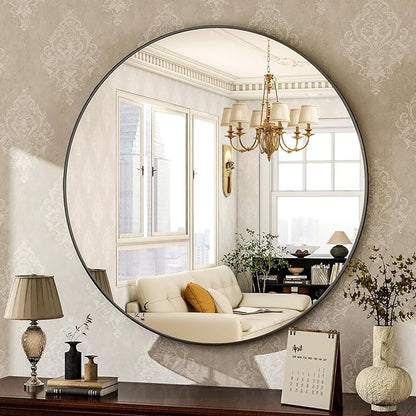 HARRITPURE Round Mirror 24 Black Wall Mounted Circle Mirrors Vanity Mirror with Brushed Aluminum Alloy Frame Modern Decoration for Bathroom, Living Room, Vanity, Bedroom, Entryway