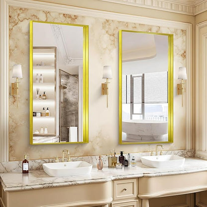 CIRCUMI Gold Bathroom Mirror, 24"x48" Rectangular Mirror with Deep Metal Frame, Brushed Finish, Tempered Glass, Mirror for Wall, Oversink, Bedroom, Installed Vertically/Horizontally, Crystal-Clear