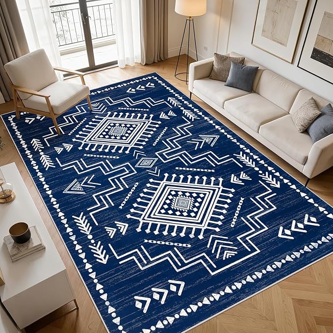 Joydeco Moroccan Rug 8x10 for Living Room, Navy Blue Washable Area Rugs for Bedroom, Low Pile Western Modern Carpet for Dining Room Table, Distressed Aztec Soft Carpet for Office Home Decor