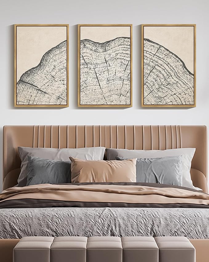 PHOPAGO Farmhouse Vintage Framed Wall Art Large 16x24in Set Gray Wood Tree Ring Spirals Nature Abstract Drawings Rustic Modern Art Decor for Living Room Bedroom - Natural Framed