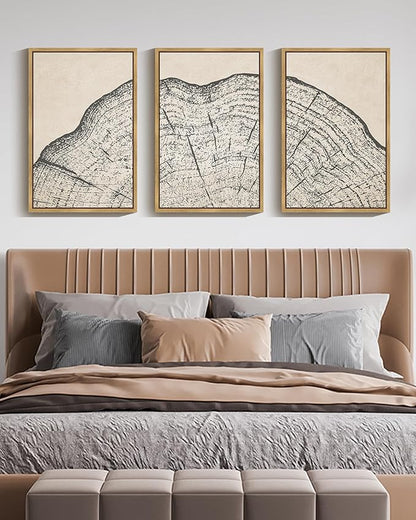PHOPAGO Farmhouse Vintage Framed Wall Art Large 16x24in Set Gray Wood Tree Ring Spirals Nature Abstract Drawings Rustic Modern Art Decor for Living Room Bedroom - Natural Framed