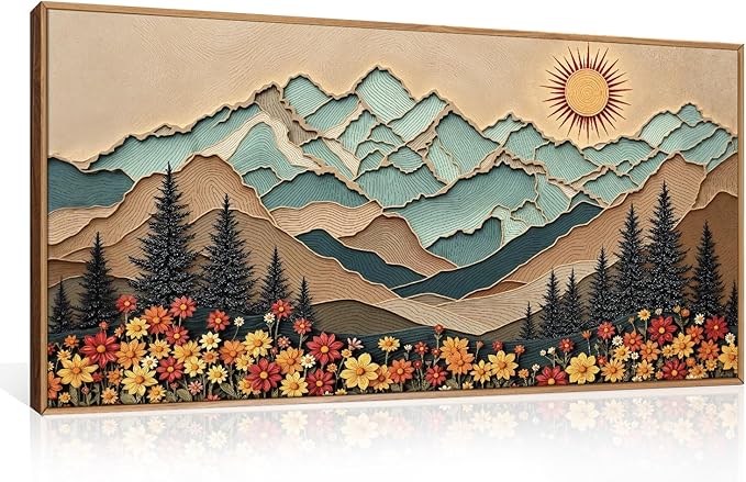 Large Boho Wood Grain Mountain Framed Canvas Wall Art Set,Vintage Sunrise Forest Floral Wall Decor,Rustic Natural Wilderness Art Printing for Living Room,Bedroom,Office-20 * 40"