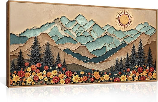 Large Boho Wood Grain Mountain Framed Canvas Wall Art Set,Vintage Sunrise Forest Floral Wall Decor,Rustic Natural Wilderness Art Printing for Living Room,Bedroom,Office-20 * 40"