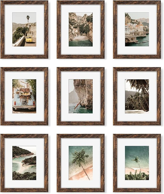 YESKAY 8x10 Picture Frame Set of 9, Display Pictures 5x7 with Mat or 8 x 10 Without Mat, Multi Photo Frames for Wall Mounting or Table Top Display, Rustic Brown