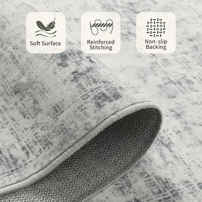 Rugxara 5x7 Area Rugs for Living Room Bedroom, Grey Washable Rug, Vintage Abstract Boho Rug, Non Slip & Low Pile Faux Wool Carpet for Indoor Dining Room and Farmhouse(Grey 5x7ft)