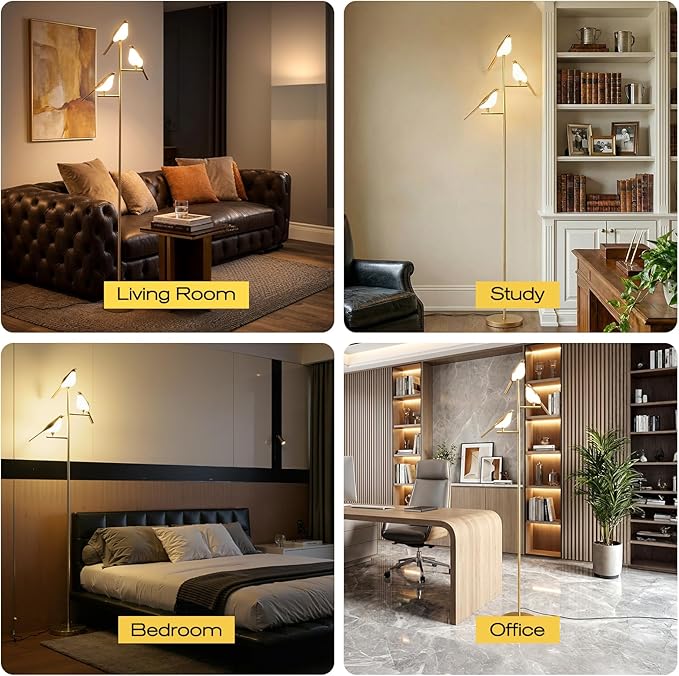 Remote Control Floor Lamps for Living Room: with 3 Adjustable LED Bird Lights - Easy to Install in 5 Minutes - Dimmable Standing Lamp - Tall Bird Floor Lamp for Bedroom Kids Room Home Decor