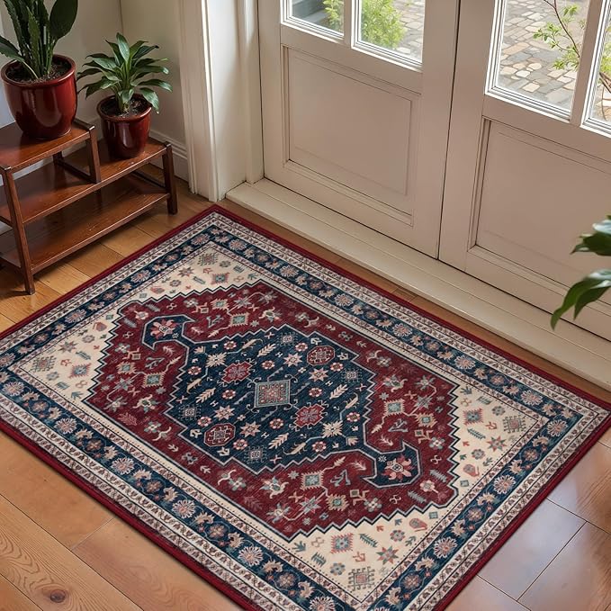 Tangsoo Vintage 2x3 Entry Rug,Washable Indoor Rug for Entryway,Non-Slip Small Throw Mat Soft Low Pile Door Carpet for Front Porch Entrance Kitchen Bathroom,Deep Red